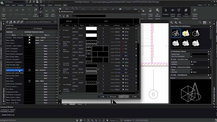 DraftSight 2027支持自定义 BIM 材料库，可以为剪切、投影元素自定义设置颜色、填充图案与边界边线样式。