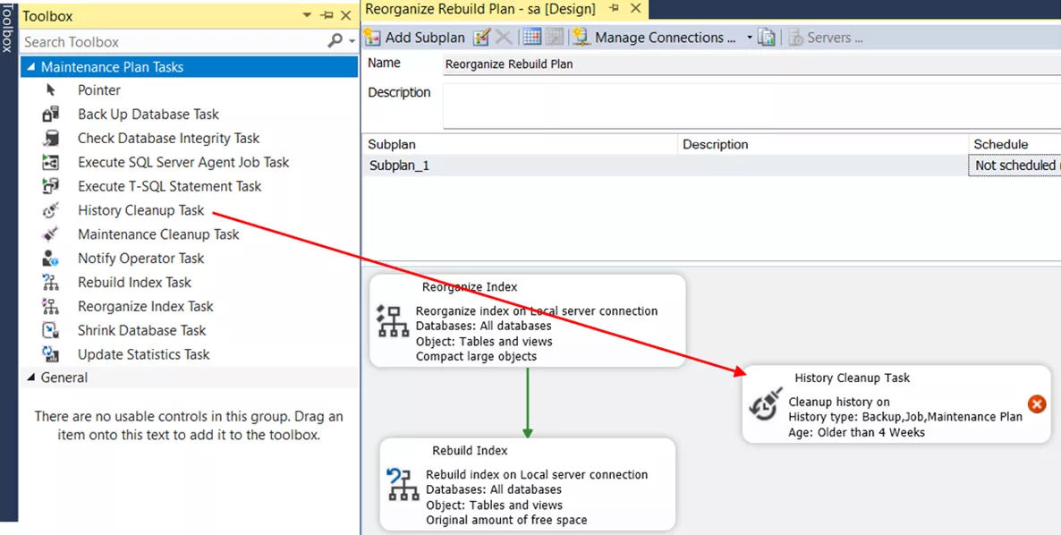 SSMS 右侧面板会显示流程图。可从工具箱拖动新任务添加至流程图。