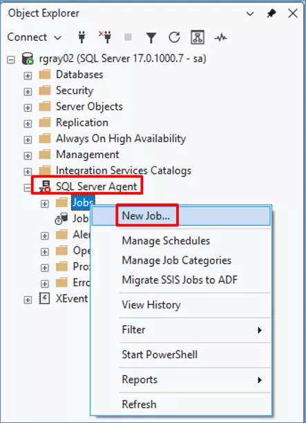在对象资源管理器，展开【SQL Server 代理】，右键单击【作业】>【新建作业…】。