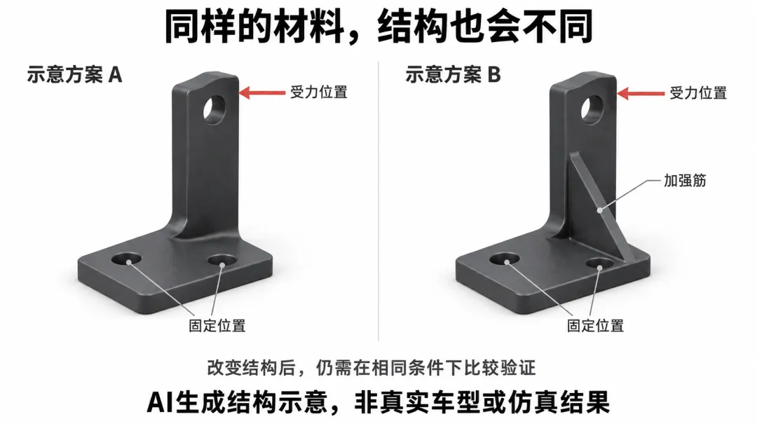 通用支架结构示意。增加加强筋后，仍需在可比条件下验证受力表现。
