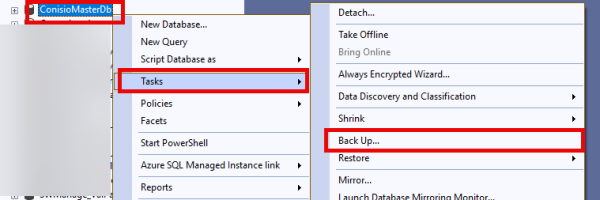 在 Microsoft SQL 管理器中打开备份选项