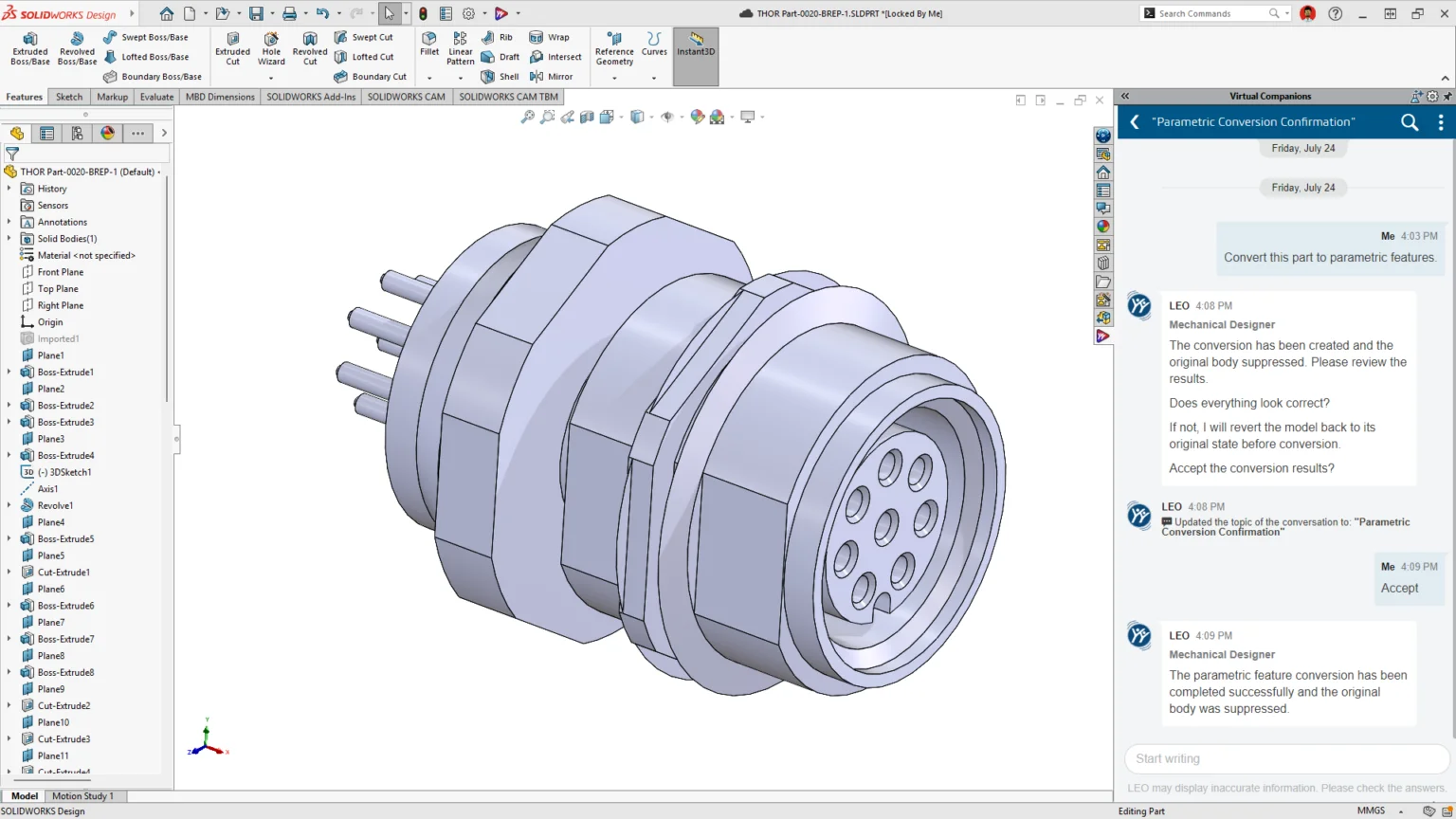 AI 将导入几何体转换为具备特征、完全可编辑的 SOLIDWORKS 零件 AI 将导入几何体转换为具备特征、完全可编辑的 SOLIDWORKS 零件