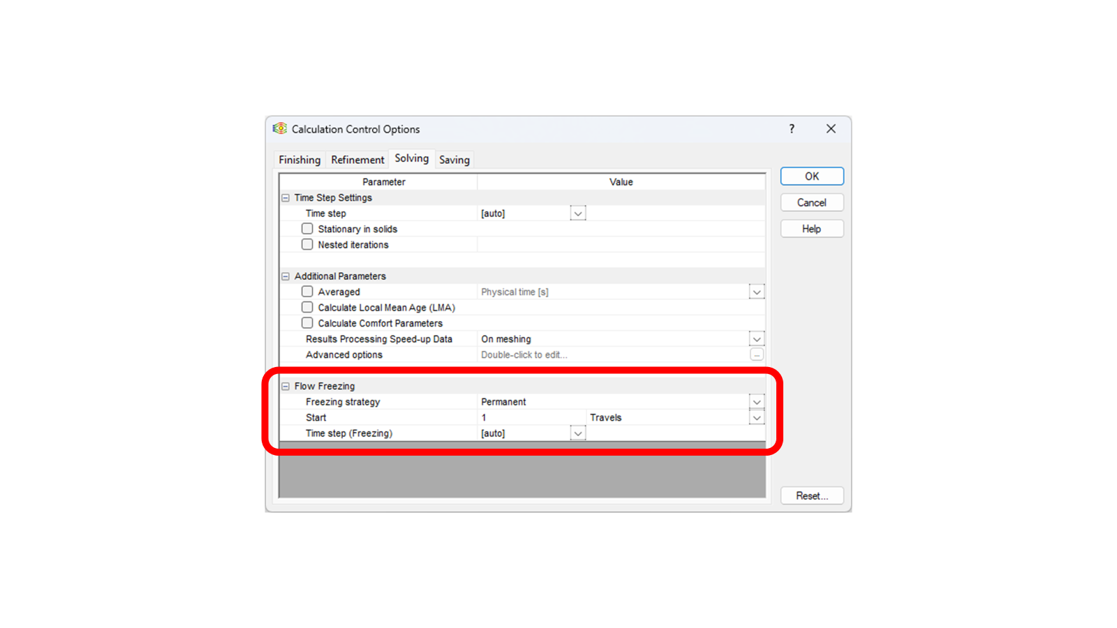 图：流动冻结在 SOLIDWORKS 流体仿真中的路径：【计算控制选项】>【求解】