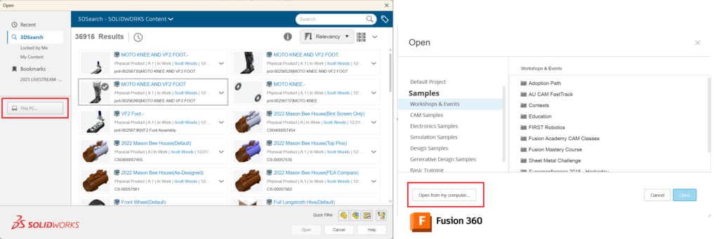 SOLIDWORKS 的【打开】对话框中，在 3DEXPERIENCE 搜索结果旁提供【此电脑】选项；Fusion 360 则在云项目下方提供【从我的计算机打开】选项。