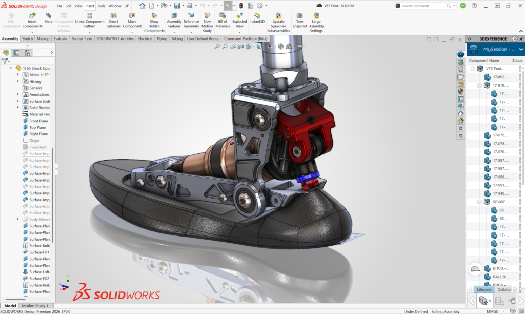 SOLIDWORKS 桌面端负责这类假肢踝足装配体的详细参数化设计，特征树完整保留全部设计历史。