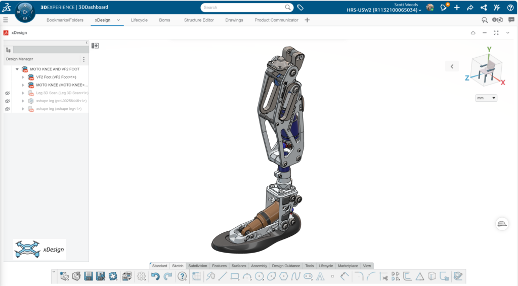 同一份假肢设计在 xDesign 中打开，浏览器端 CAD 和整个 3DEXPERIENCE 生态保持连通。