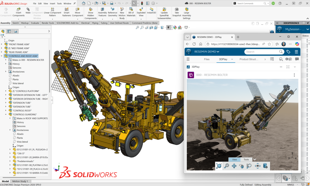 SOLIDWORKS 内的大型采矿钻机装配体，同时可以在浏览器的 3DEXPERIENCE 3DPlay 查看器打开同一份模型。