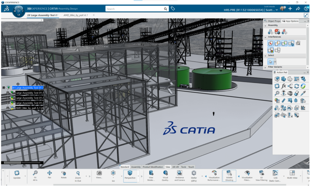 CATIA 面向超大型装配，下图为包含结构框架、输送设备、储罐的工厂模型