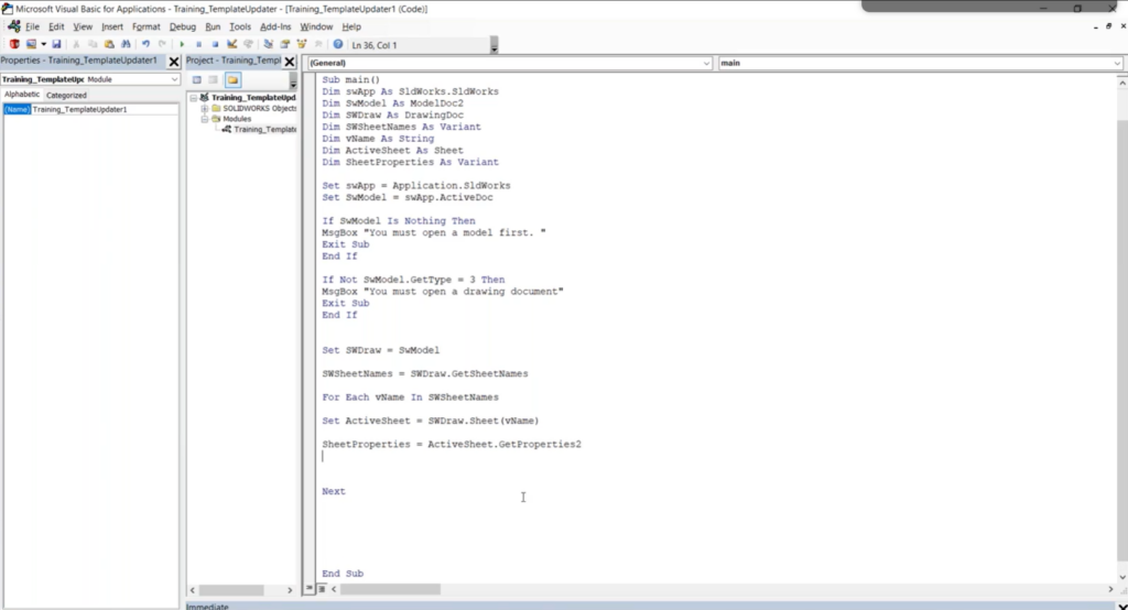 下图为读取工程图图纸属性的 SOLIDWORKS VBA 宏，使用团队已经熟悉的 Office 同源语言。