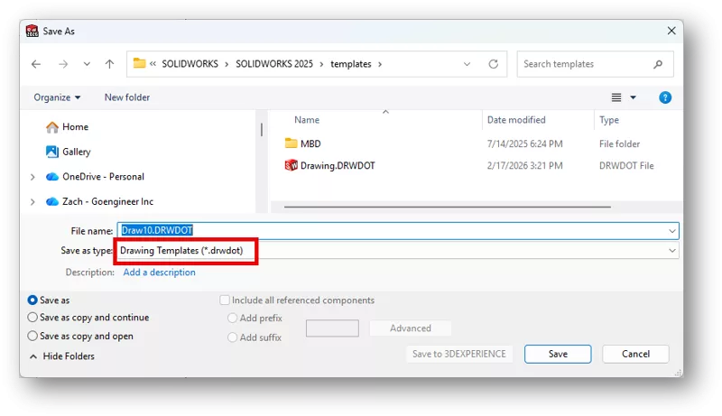 保存 SOLIDWORKS 工程图模板界面 保存 SOLIDWORKS 工程图模板界面